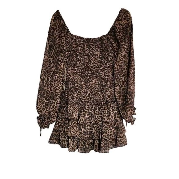Olivaceous Leopard Print Ruffle Mini Dress Smocked Boho Black Brown Size Small - Picture 2 of 7